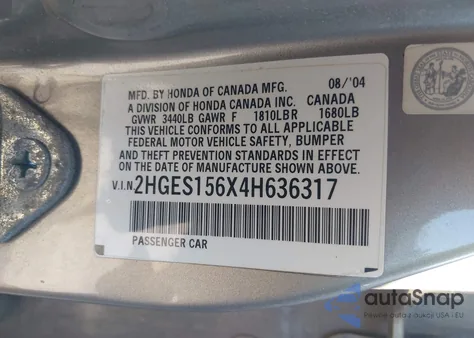 2004 Honda Civic Lx from USA, damaged, VIN 2HGES156X4H636317